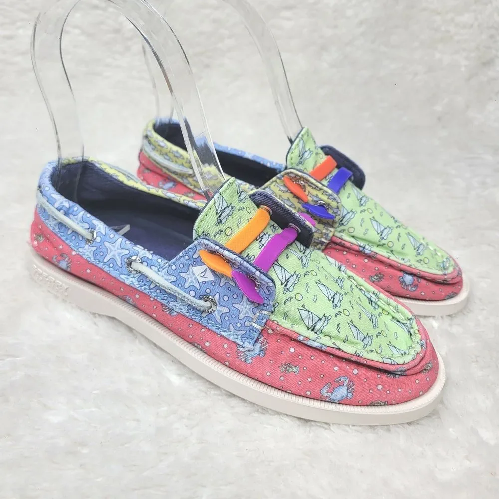 SPERRY X VINEYARD VINES AO PATCHWORK BOATS CRABS STARFISH SHOES GIRLS SIZE 2 NEW